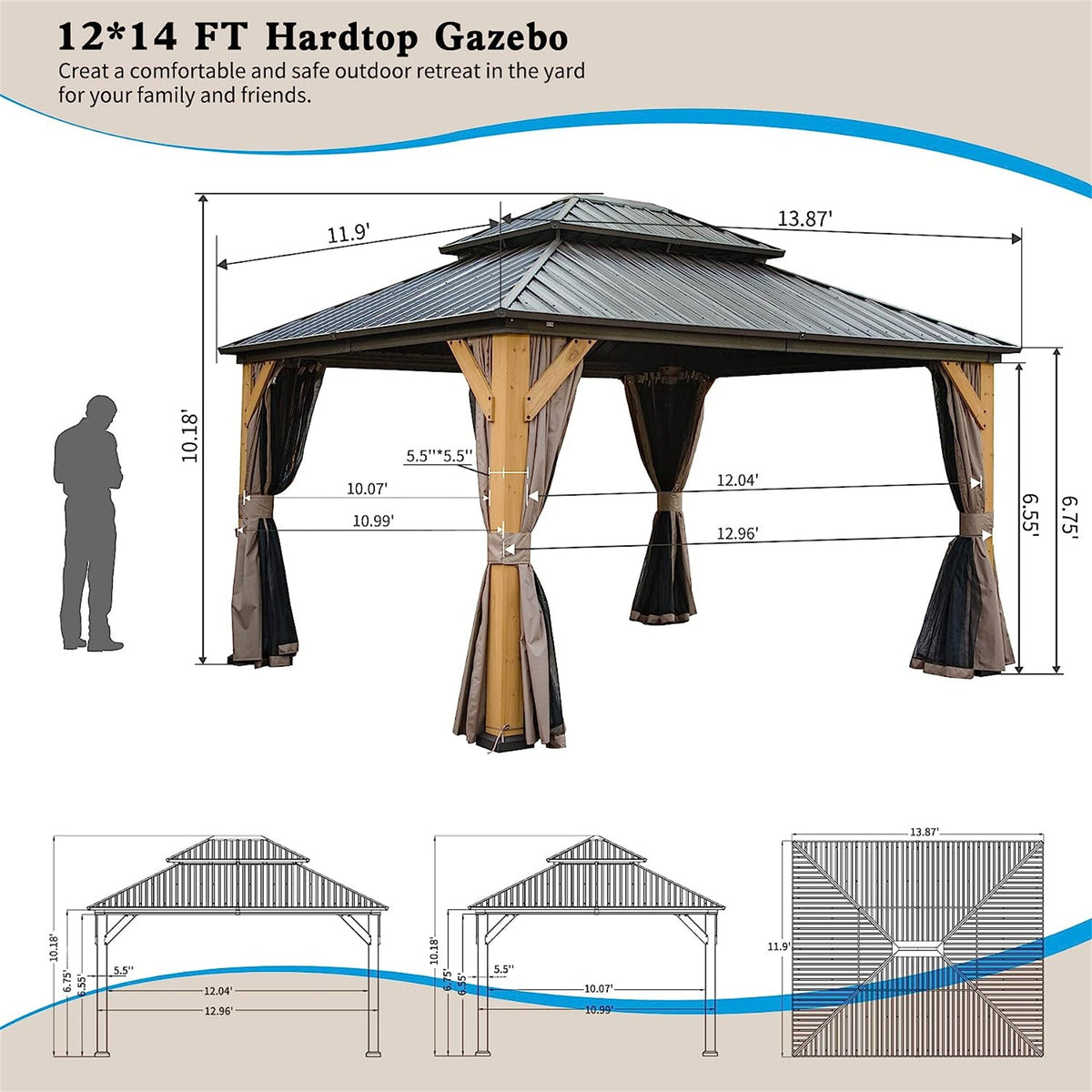 12 × 14 ft Cedar Wood Hardtop Gazebo with Galvanized Steel Double Roof