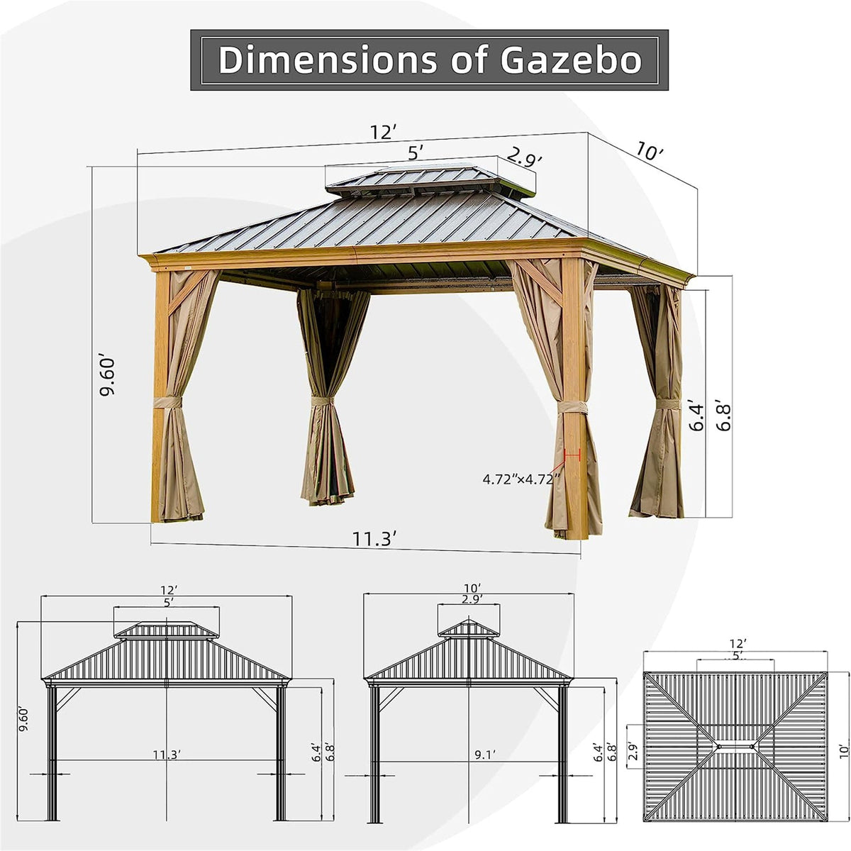 10' x 12' Wood-Look Aluminum Gazebo with Double Roof
