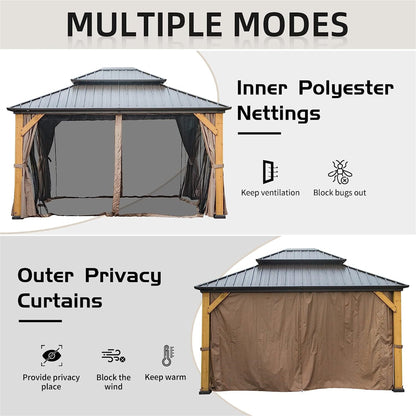12 × 14 ft Cedar Wood Hardtop Gazebo with Galvanized Steel Double Roof