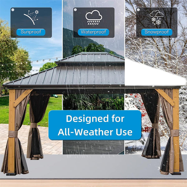 12 × 14 ft Cedar Wood Hardtop Gazebo with Galvanized Steel Double Roof