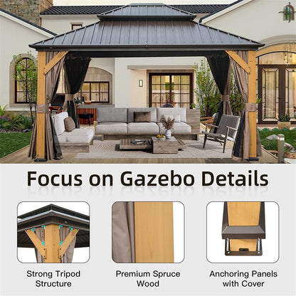 12 × 14 ft Cedar Wood Hardtop Gazebo with Galvanized Steel Double Roof