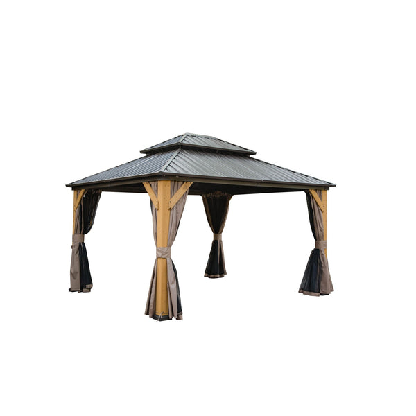 12 × 14 ft Cedar Wood Hardtop Gazebo with Galvanized Steel Double Roof
