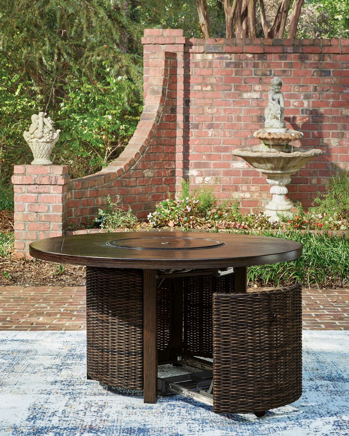 Round Outdoor Gas Fire Pit Table with Resin Wicker