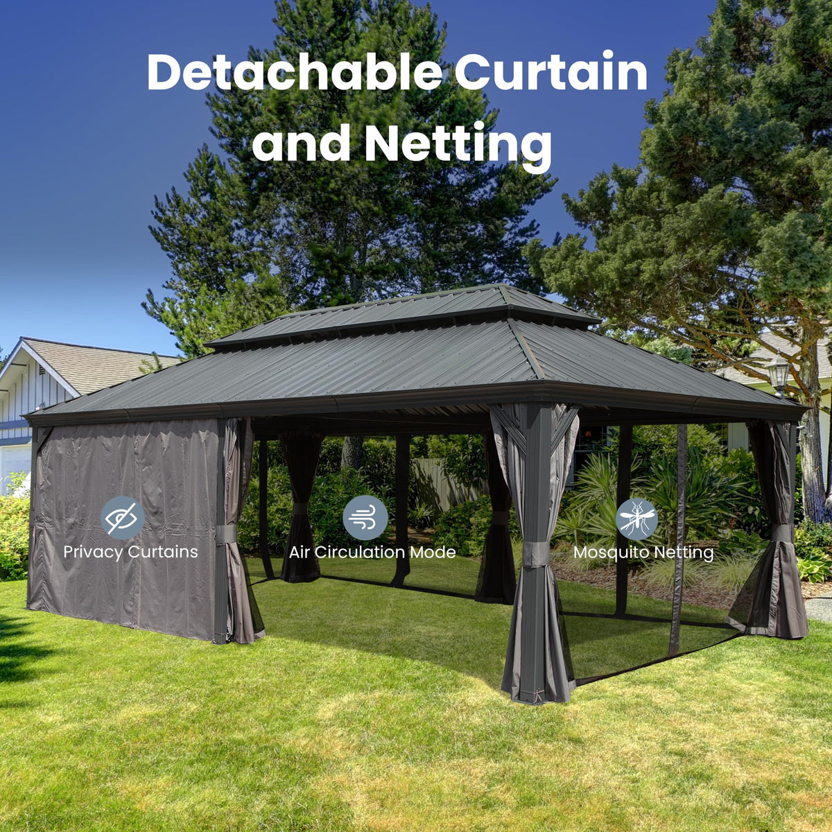 14 x 22 Ft Hardtop Double-Roof Gazebo with Curtains