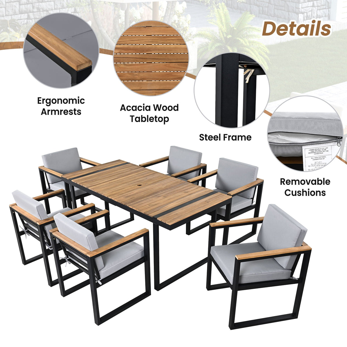 7-Piece Acacia Wood and Steel Outdoor Dining Set