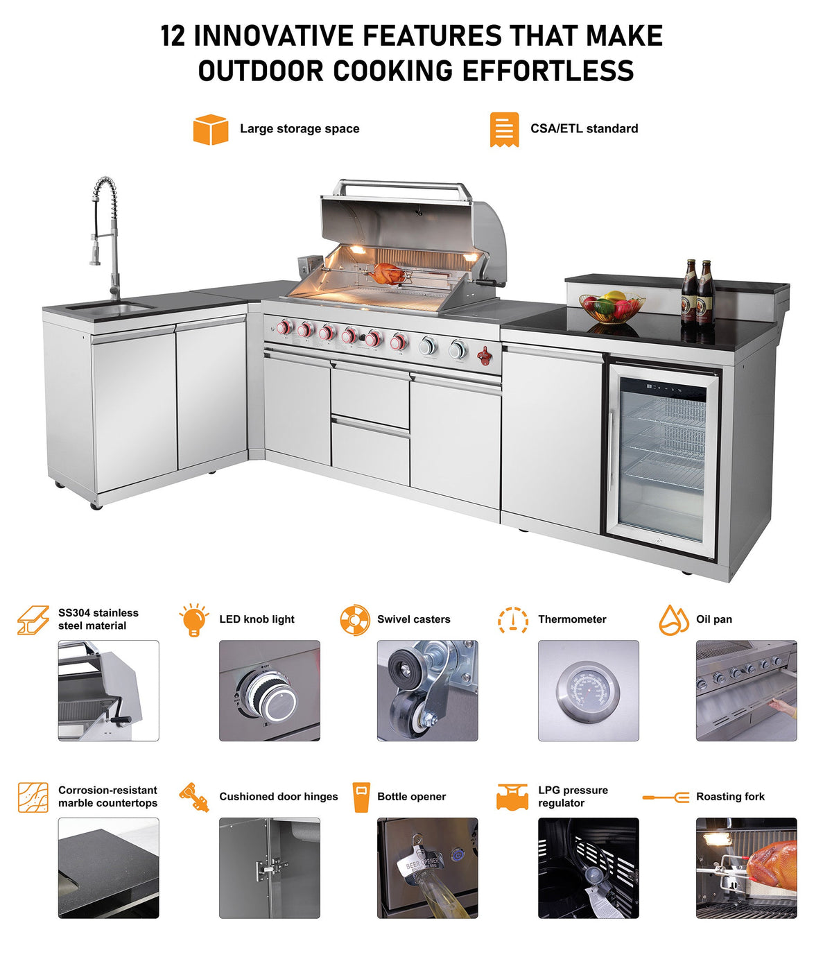 6+1 Burner Stainless Steel Propane Gas Outdoor Kitchen Island