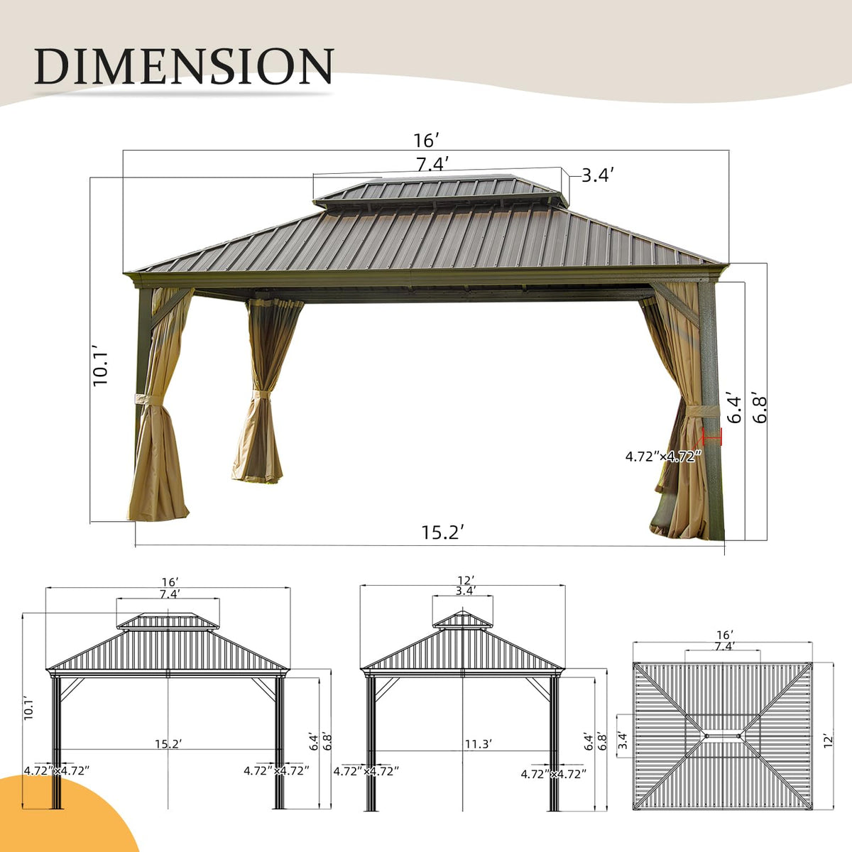 12x16 ft Hardtop Double-Roof Patio Gazebo