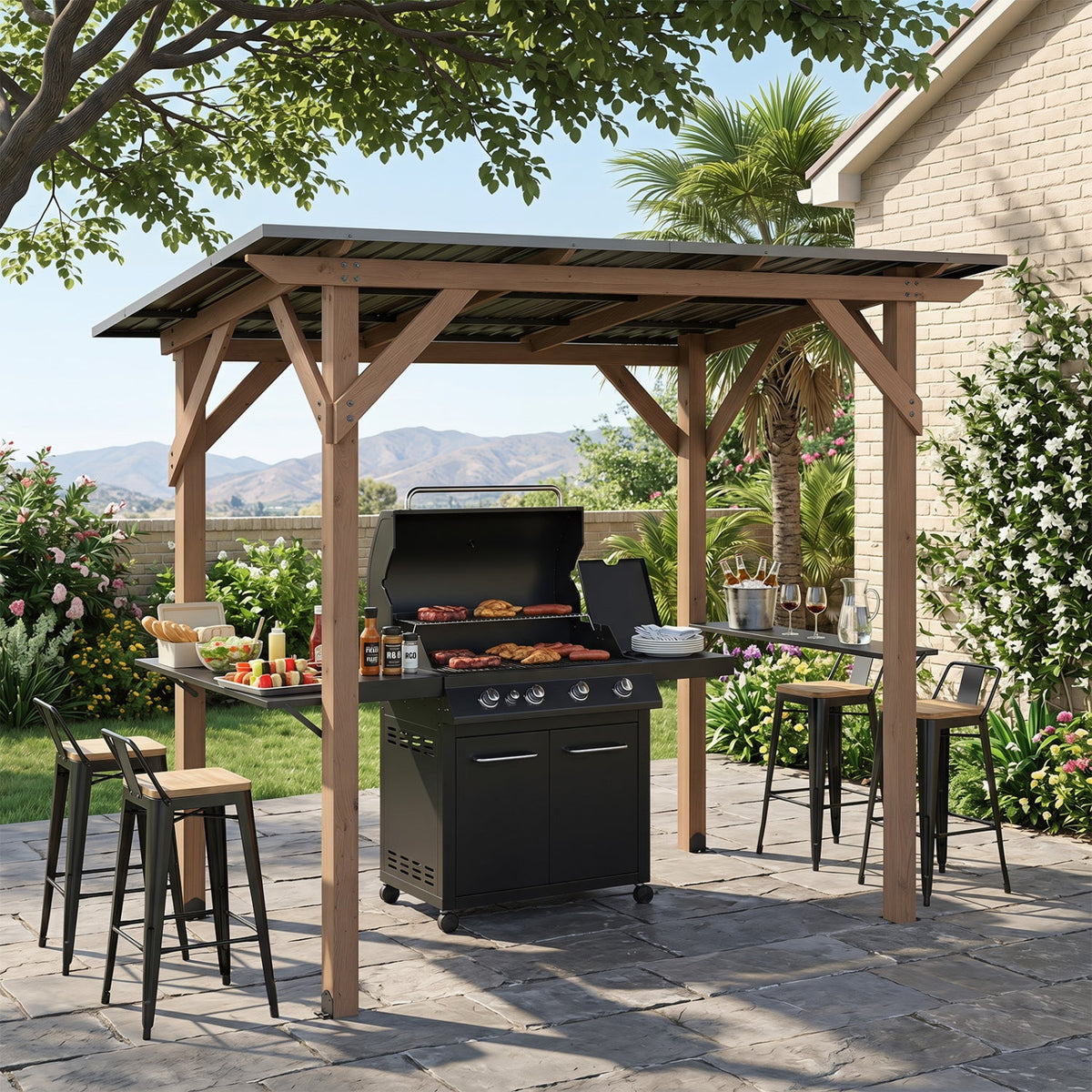 Cedar Wood Grill Gazebo with Galvanized Metal Roof and Shelves
