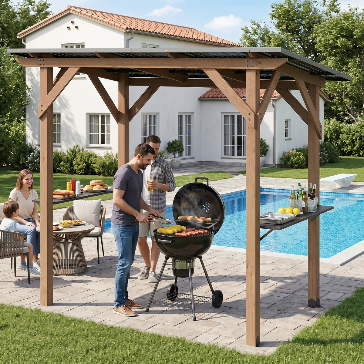 Cedar Wood Grill Gazebo with Galvanized Metal Roof and Shelves