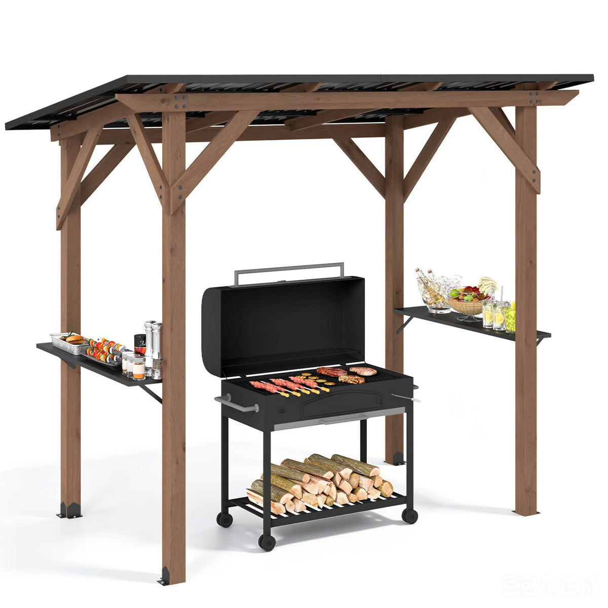 Cedar Wood Grill Gazebo with Galvanized Metal Roof and Shelves