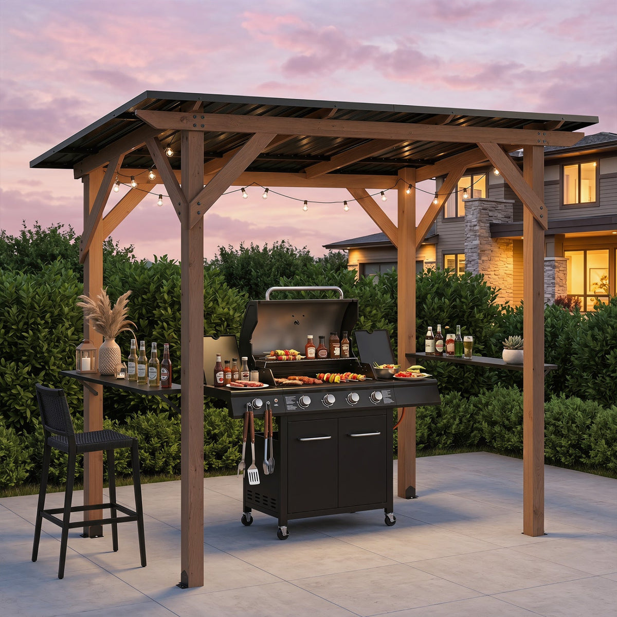 Cedar Wood Grill Gazebo with Galvanized Metal Roof and Shelves
