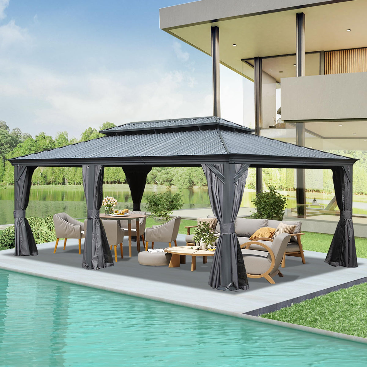 14 x 22 Ft Hardtop Double-Roof Gazebo with Curtains