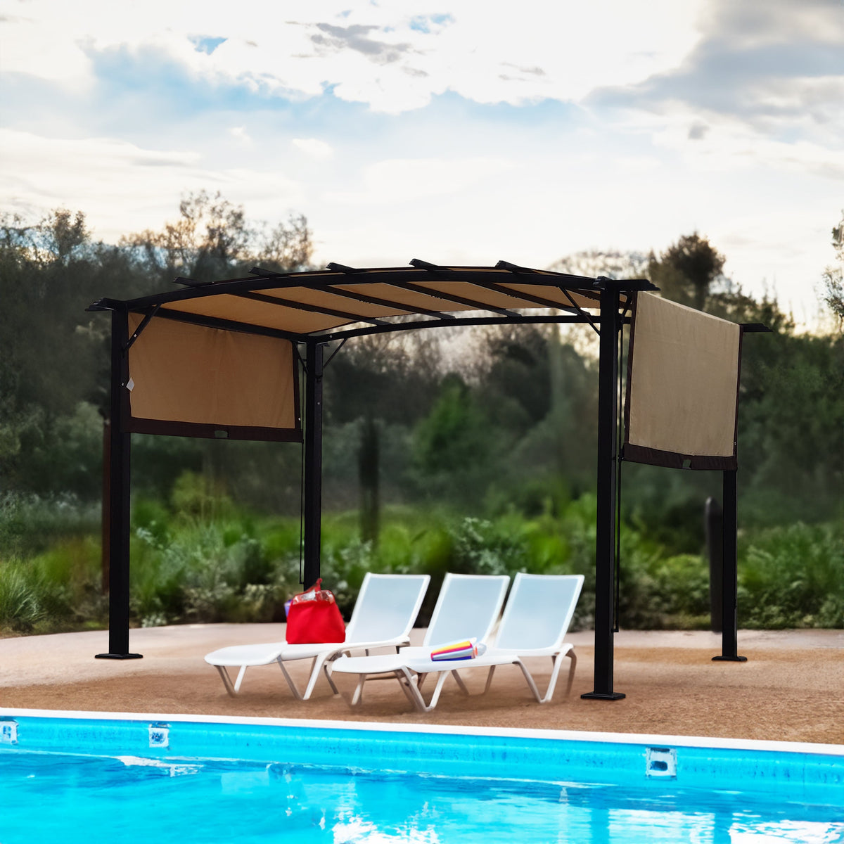 12 x 9 ft Steel Outdoor Pergola with Retractable Canopy