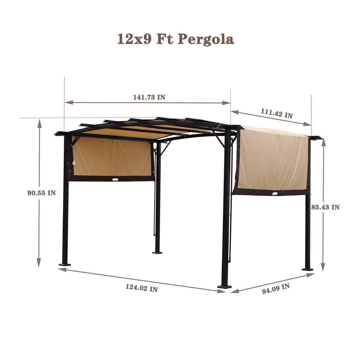12 x 9 ft Steel Outdoor Pergola with Retractable Canopy