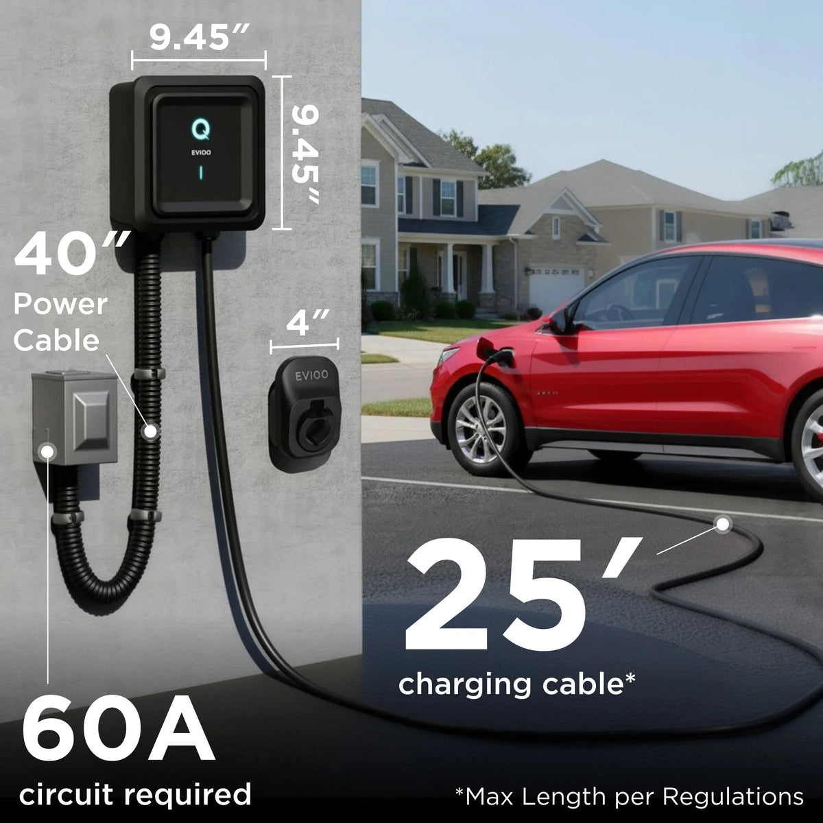 EVIQO 48A Level 2 EV Charger with WiFi, J1772, 11.5kW