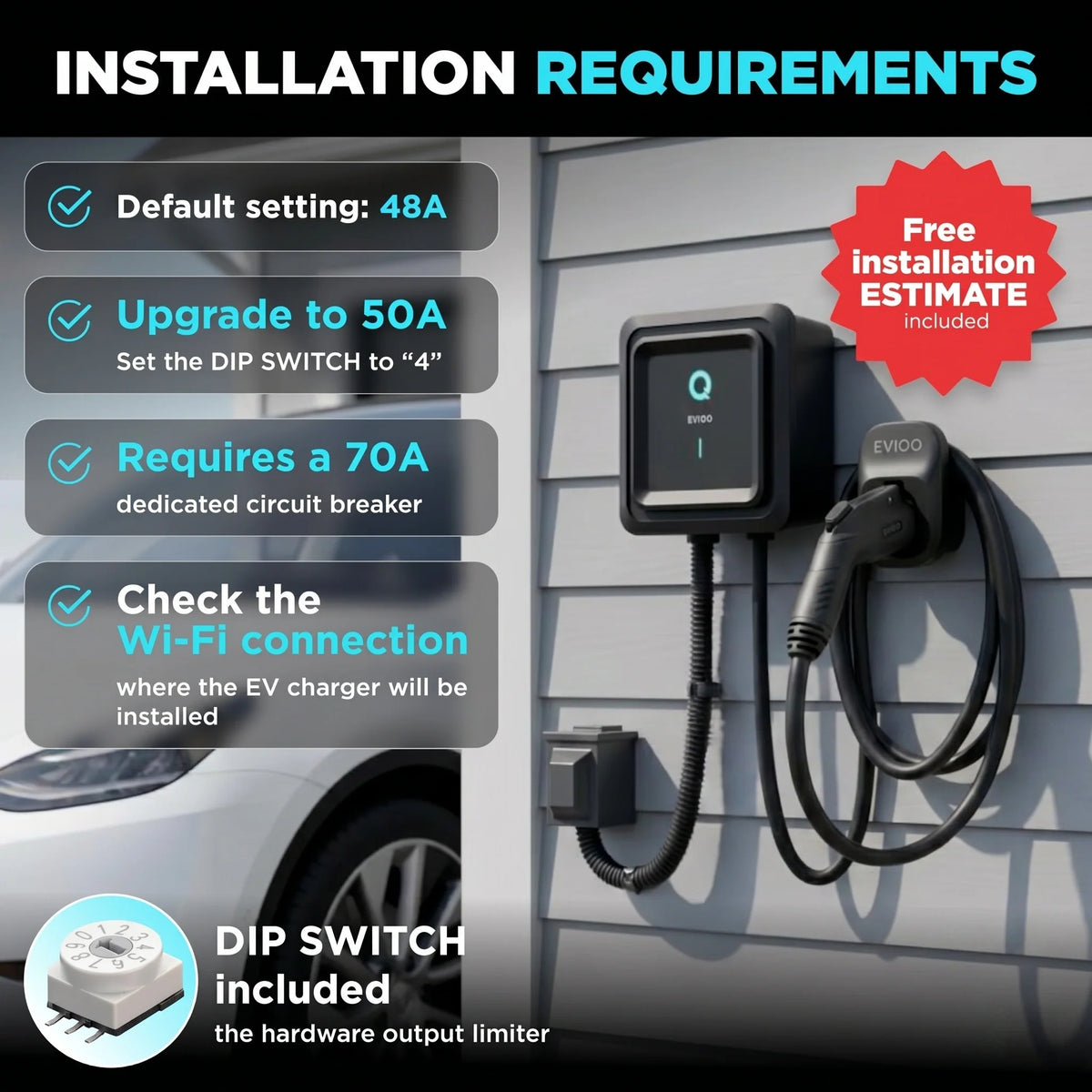 EVIQO 48A Level 2 EV Charger with WiFi, J1772, 11.5kW