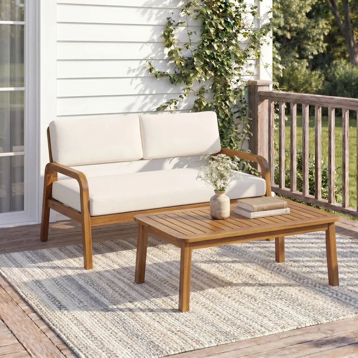 Christopher Knight Home Acacia Wood Outdoor Loveseat and Coffee Table Set