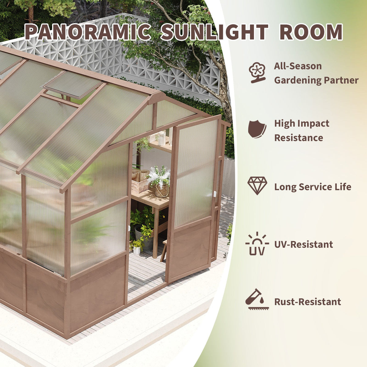 8 x 10 ft Cedar Greenhouse with 6mm Polycarbonate Panels