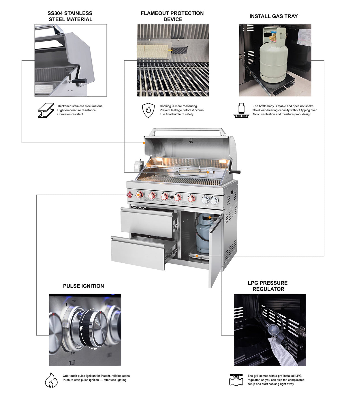 6+1 Burner Stainless Steel Propane Gas Outdoor Kitchen Island
