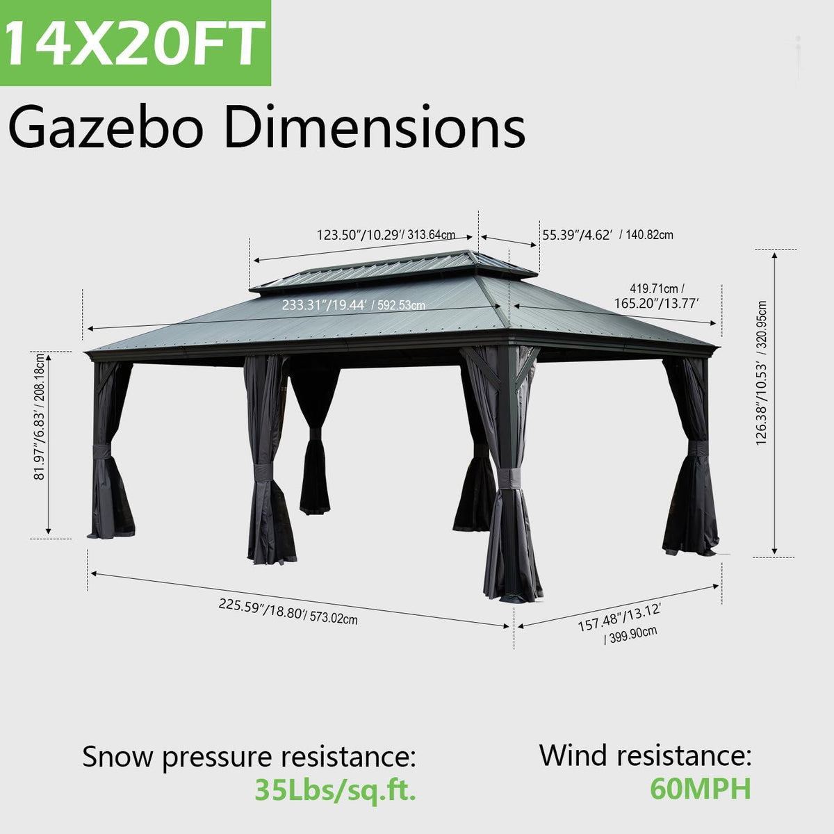 14 x 20 Ft Hardtop Gazebo with Curtains and Netting