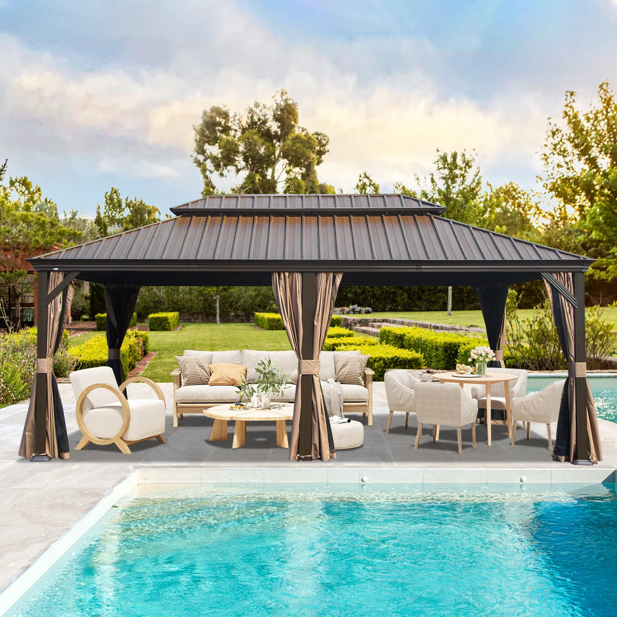 14 x 22 Ft Hardtop Double-Roof Gazebo with Curtains