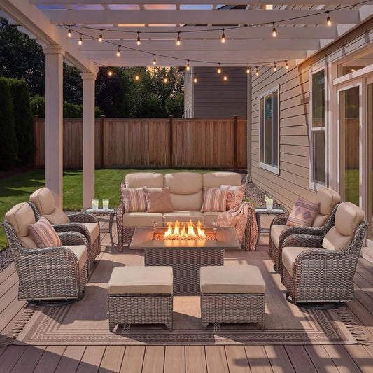 Alora 10-Piece Outdoor Patio Furniture Set with Fire Pit Table