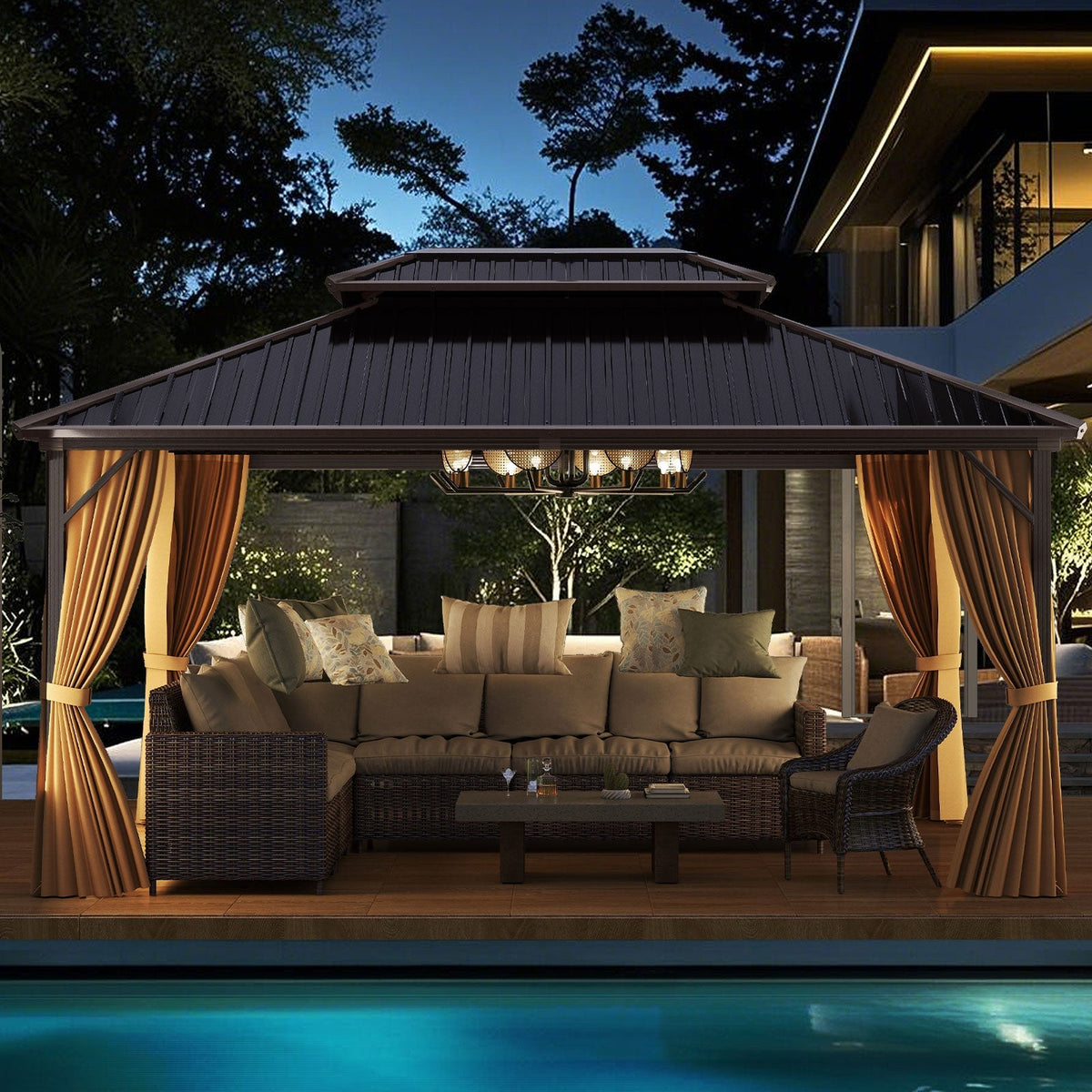 16 x 12 Ft Outdoor Metal Gazebo with Curtains and Netting
