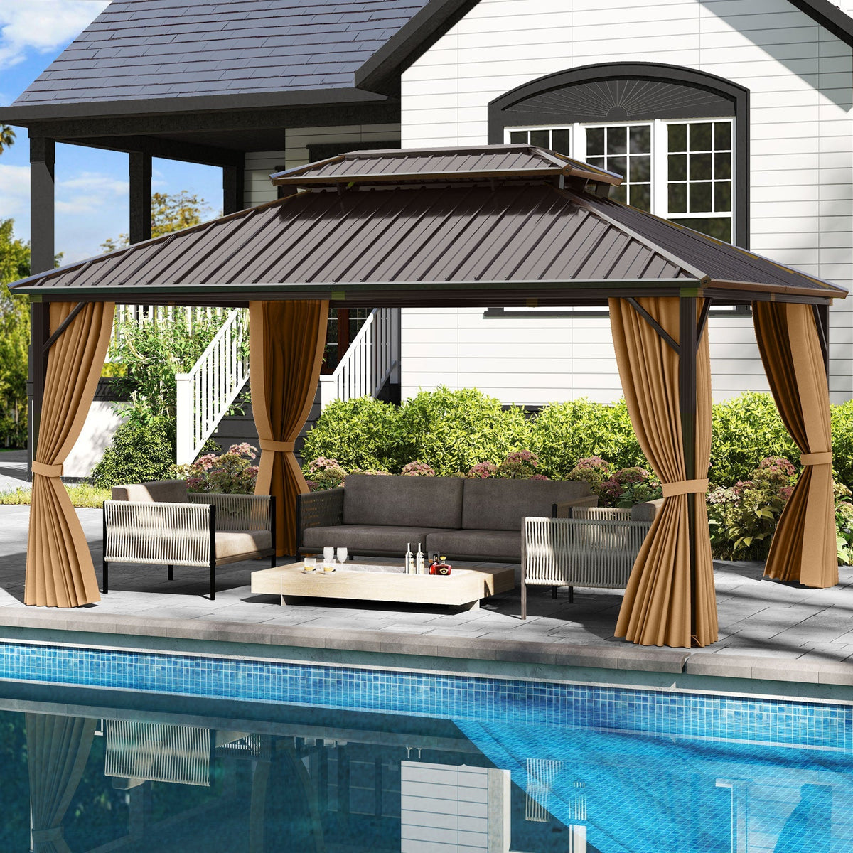 16 x 12 Ft Outdoor Metal Gazebo with Curtains and Netting
