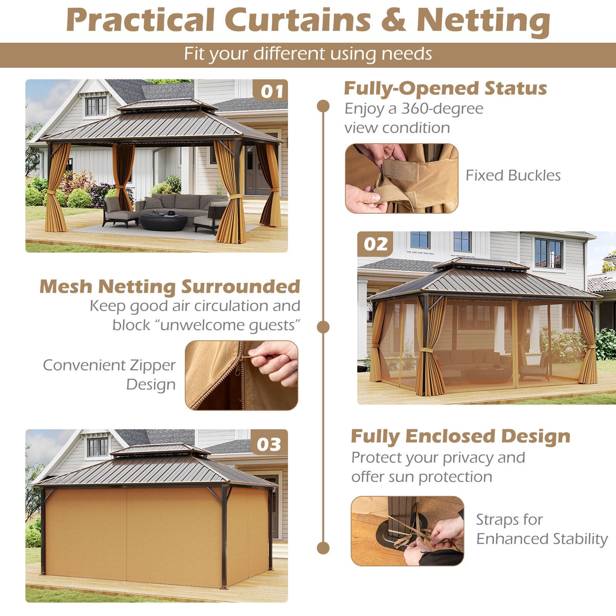 16 x 12 Ft Outdoor Metal Gazebo with Curtains and Netting