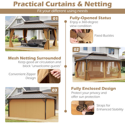 16 x 12 Ft Outdoor Metal Gazebo with Curtains and Netting